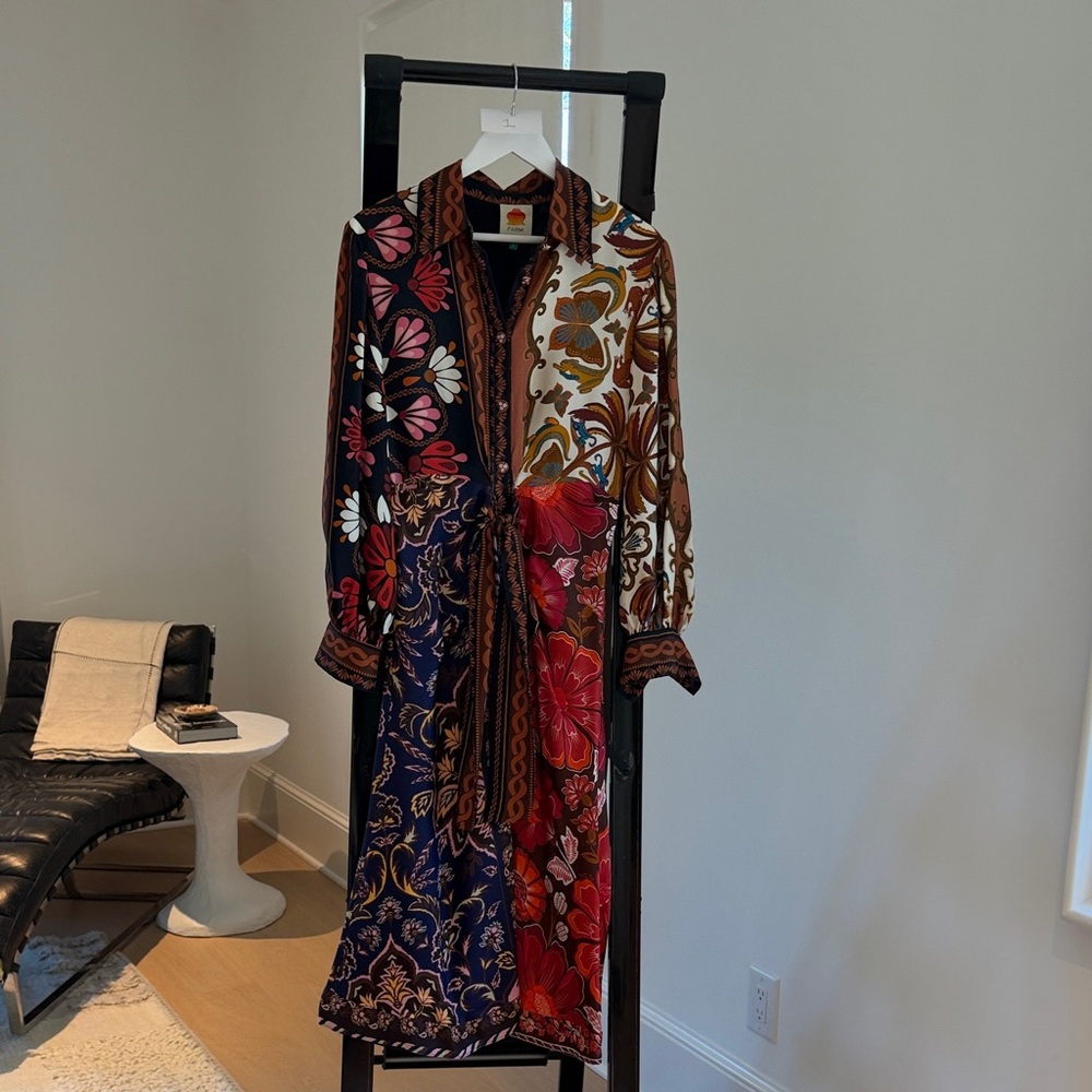FARM Rio Patchwork Floral Button-Front Long Sleeve Dress in Red, Navy & Cream